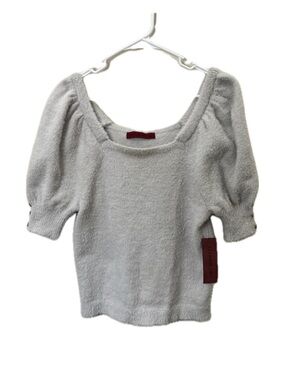 Love Scarlett Fuzzy Knit Puff Sleeve Sweater Top Silver Size L NWT